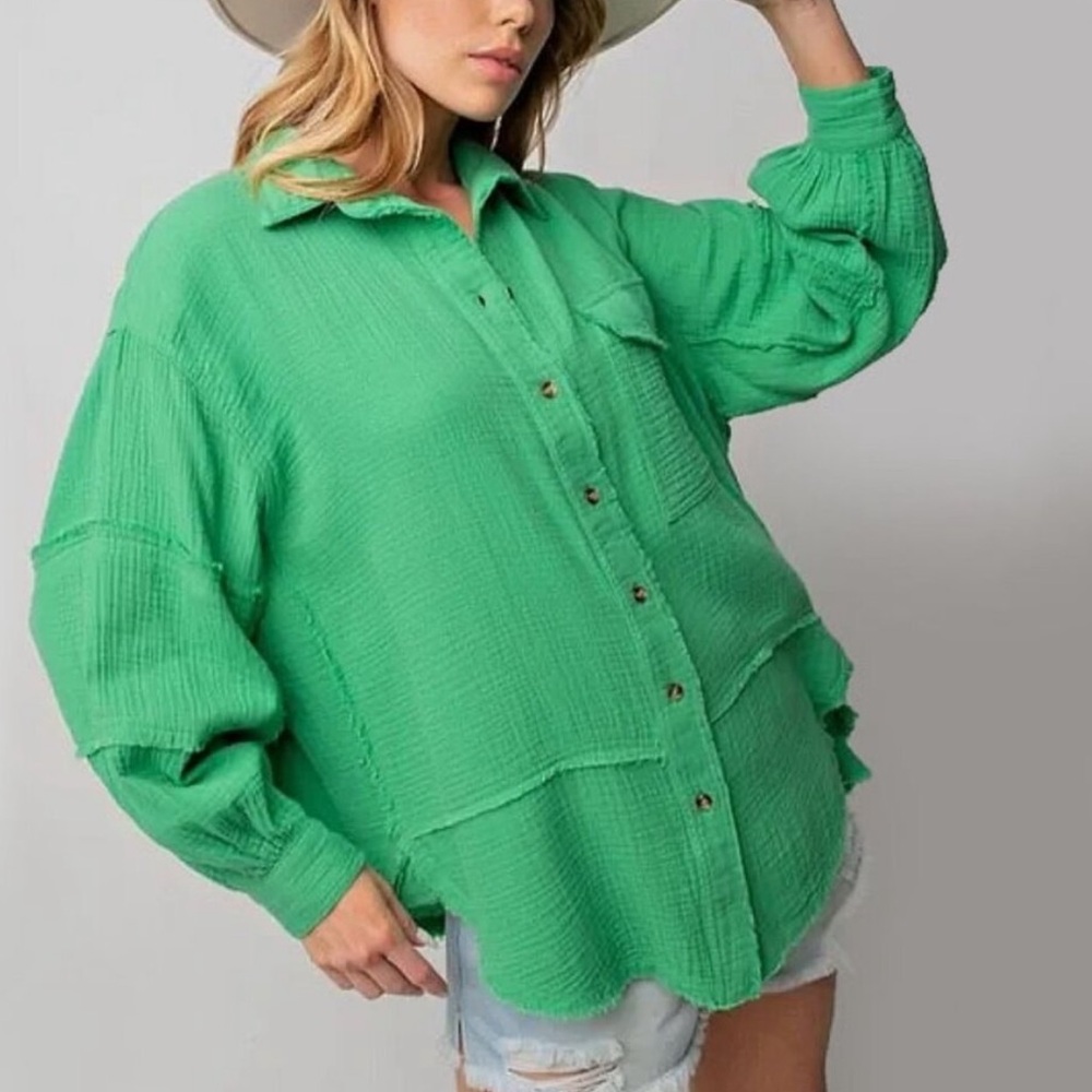 Easel Vibrant Green Button-Down Shirt NWT
